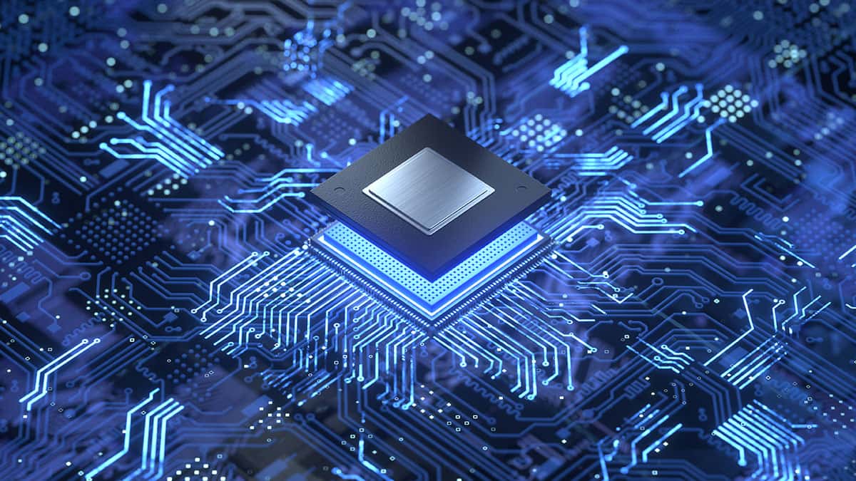A semiconductor chip amidst glowing circuitry.