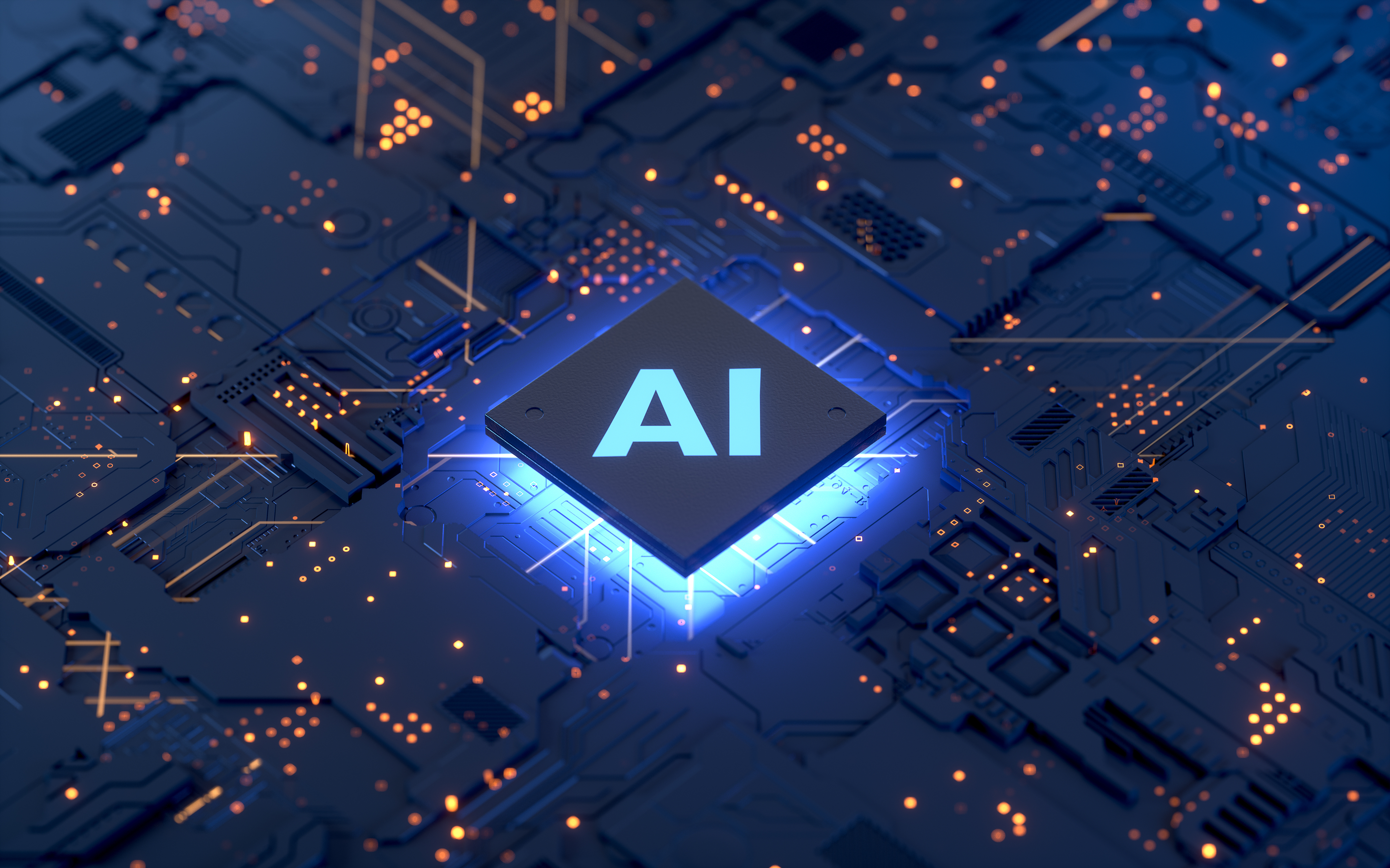 A glowing computer chip with the letters AI